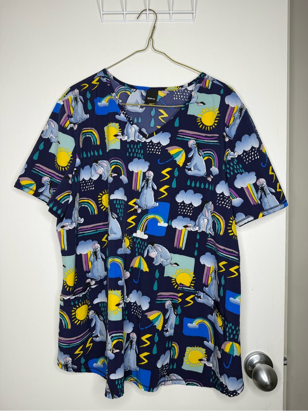 ❤️2 for $25❤️Disney Eeyore Scrubs Top - Navy with Yellow & Blue Weather Prints